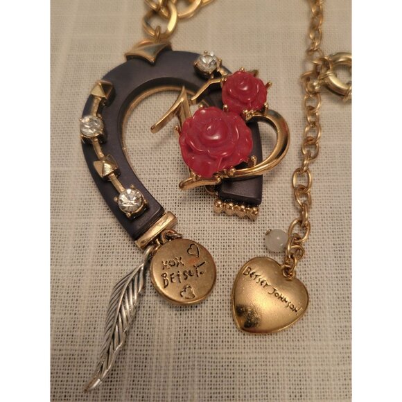 Vintage BJ Betsey Johnson Charm Necklace W/ Horseshoe & Rose Pendant 24" - Picture 9 of 11